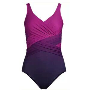 Lands' End Women's SlenderSuit Wrap One Piece Swimsuit- 14 DD